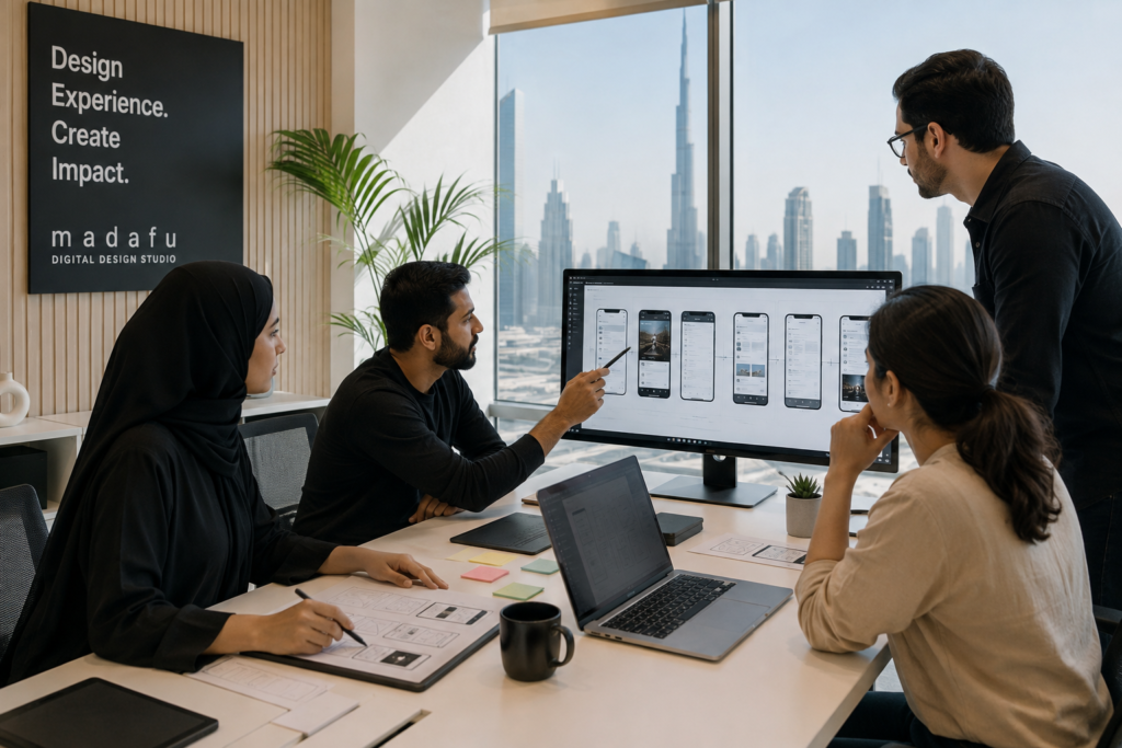 UX design agency Dubai team reviewing digital product screens